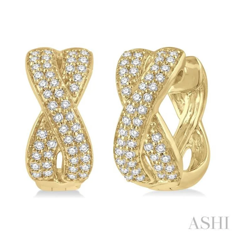 Dazzling Earrings for Night Parties-1/3 Ctw Crossover Round Cut Diamond Petite Huggie Earrings in 14K Yellow Gold