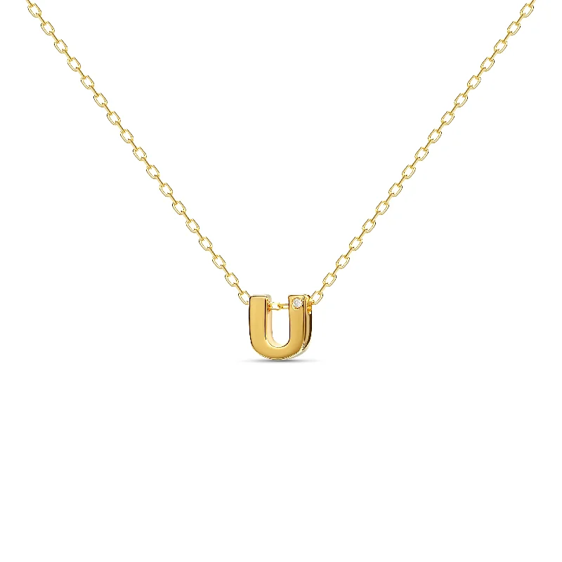 Silver Necklace with Large Pendant-Diamond Letter Necklace "U" - 18 karat gold vermeil on sterling silver, diamond 0.01 carat