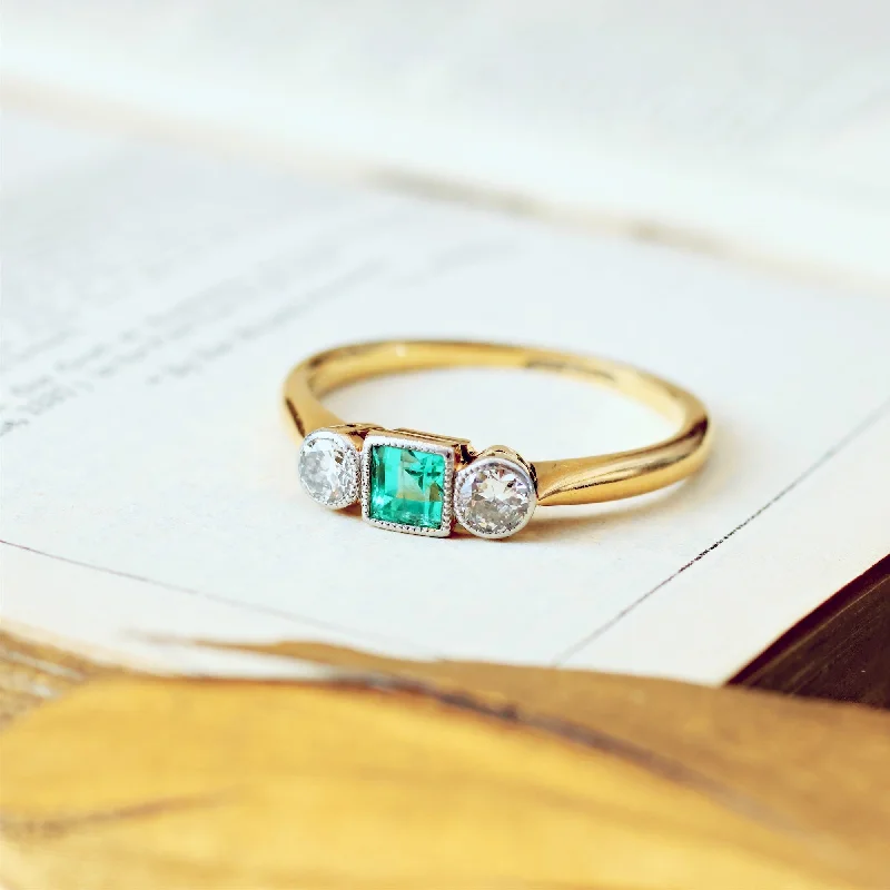 Vintage Ring with Sapphire-Vintage Emerald & Diamond Trilogy Engagement Ring