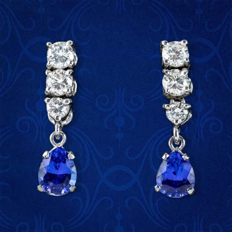 Custom Earrings for Personalized Style-Art Deco Style Tanzanite Diamond Drop Earrings 18ct Gold 1.20ct Of Tanzanite