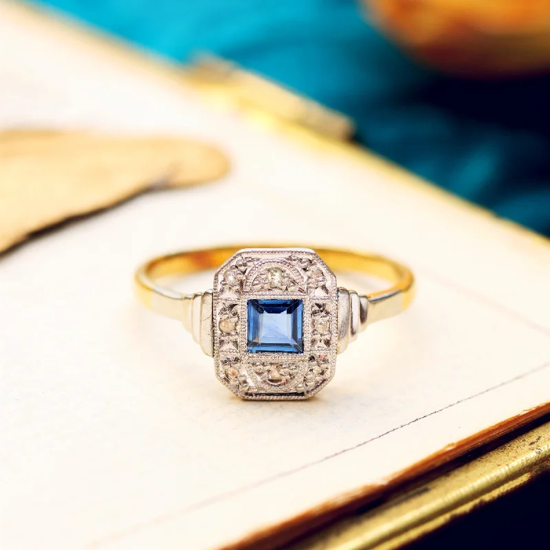 Bridal Ring Set for Weddings-Pristine Art Deco Sapphire & Diamond Cluster Ring