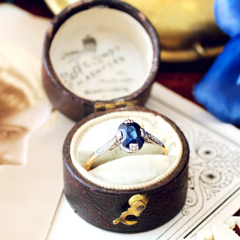 Personalized Ring with Custom Engraving-Vintage 1920's Sapphire & Diamond Ring