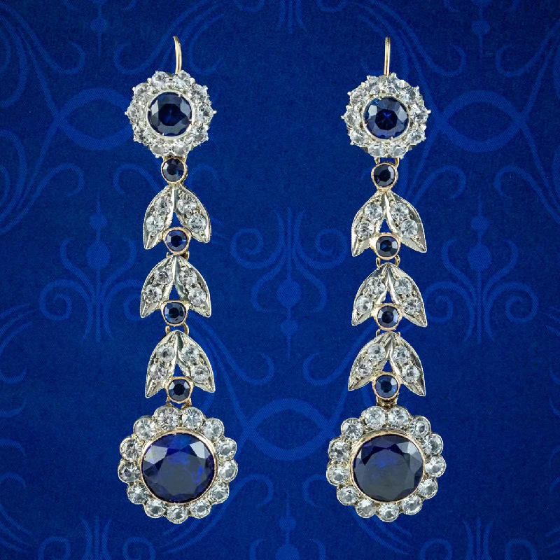 Timeless Gold Earrings for Women-Antique Edwardian Blue Paste Flower Drop Earrings 15ct Gold With Box