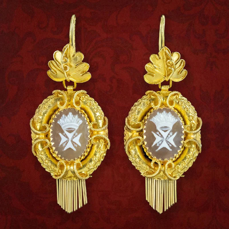 Bohemian Earrings for Fashion Lovers-Antique Victorian Maltese Cross Cameo Drop Earrings 18ct Gold