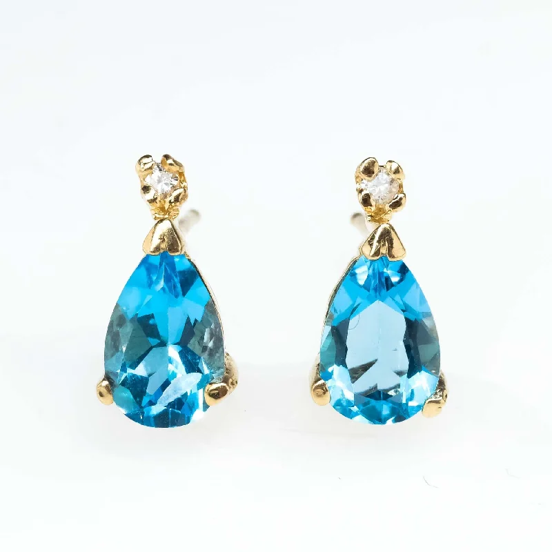 Statement Earrings for Girls-Blue Topaz and Diamond Drop Stud Earrings in 14K Yellow Gold