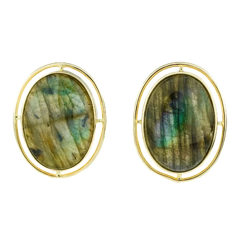 Custom Diamond Earrings-Abalone Solitaire Gemstone Earrings in 14K Yellow Gold