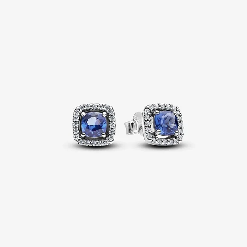 Fashionable Earrings for Teenagers-PANDORA : Sparkling Square Blue Halo Stud Earrings