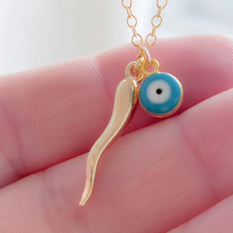 Trendy Necklace for Young Adults-Italian Horn & Evil Eye Necklace