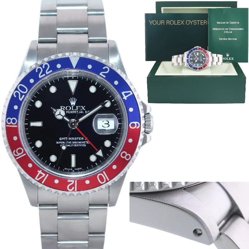 Classic Men's Watches with Roman Numerals-MINT 2000 Rolex GMT-Master 2 Pepsi Blue Red Steel 16710 Watch Black Watch Box