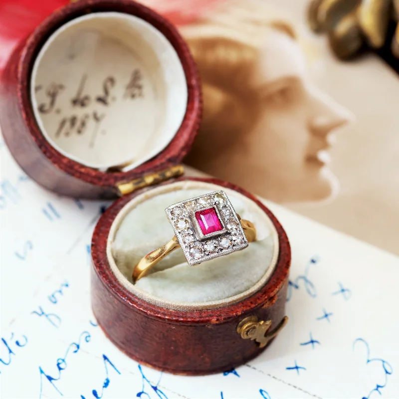 Custom Diamond Ring for Engagement-Vintage Art Deco Ruby & Diamond Cluster Ring