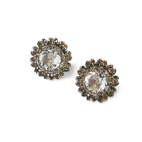 Large Statement Earrings-Fabulous Estate 14K White Gold Green Amethyst Diamond Sunflower Earrings