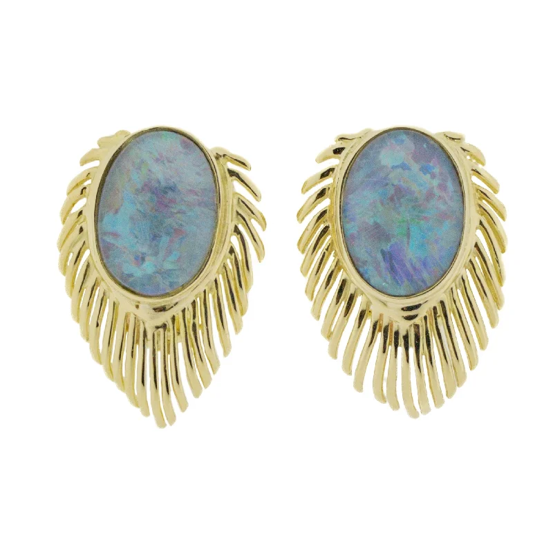 Beautiful Drop Earrings for Evening Style-Oval Cabochon Opal Solitaire Clip-On Earrings in 14K Yellow Gold