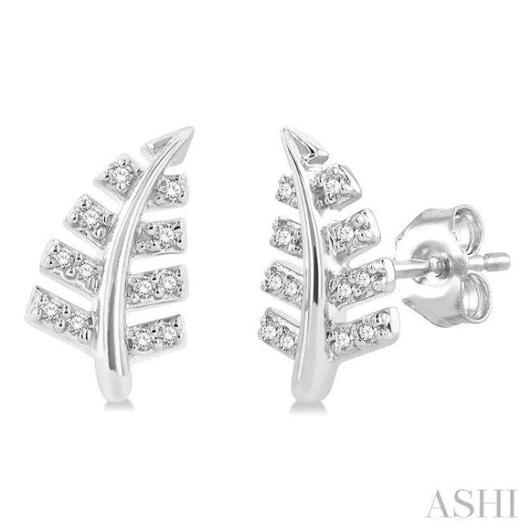 Elegant Earrings for Bridal Parties-1/10 Ctw Fern Leaf Petite Round Cut Diamond Fashion Stud Earring in 10K White Gold