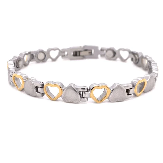 Multi-Stone Bracelet for Special Events-18K Gold PVD Stainless Steel Alternating Hearts Magnetic Bracelet / MBL019