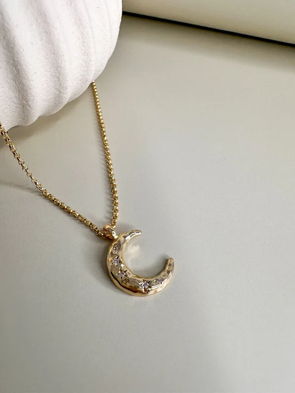 Gold Necklace with Crystal Pendant-Velani Jewelry Hammered Five Stars Crescent Moon Necklace