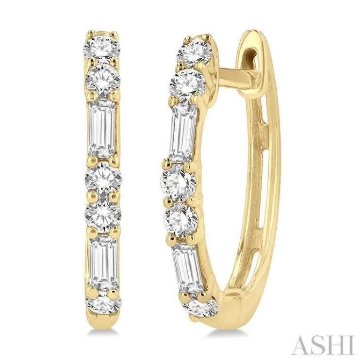 Bridal Earrings for Bride-to-be-1/3 ctw Baguette and Round Cut Diamond Petite Huggies in 14K Yellow Gold