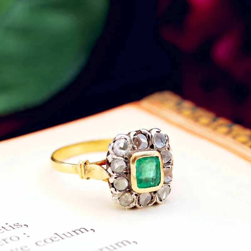 Adjustable Ring for Casual Style-Vintage Emerald & Rose Cut Diamond Cluster Ring