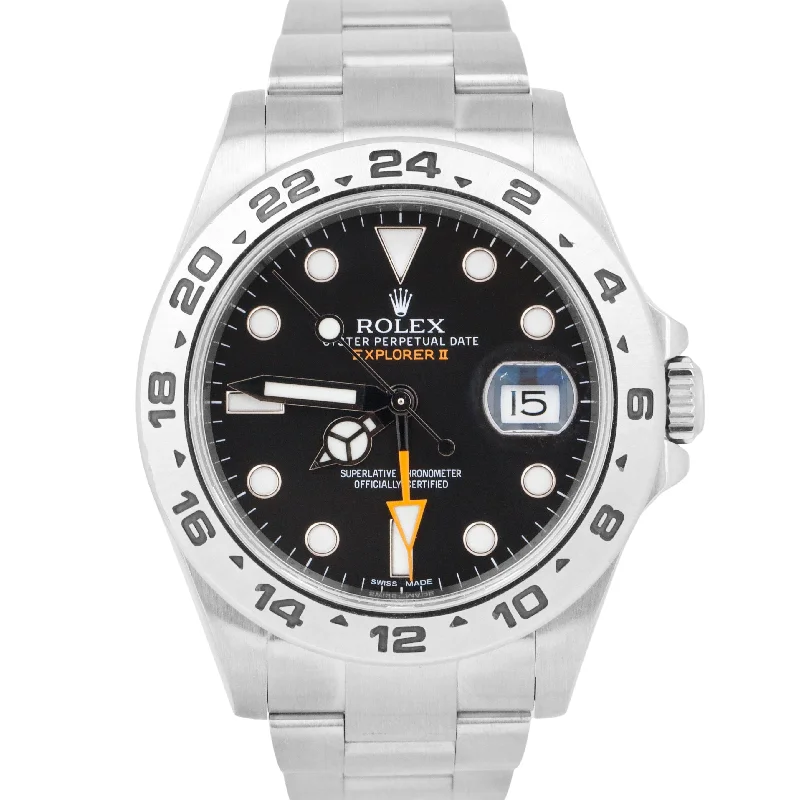 Luxury Watches with Diamond Markers-Rolex Explorer II Black Orange Stainless Steel GMT Date 42mm Oyster Watch 216570