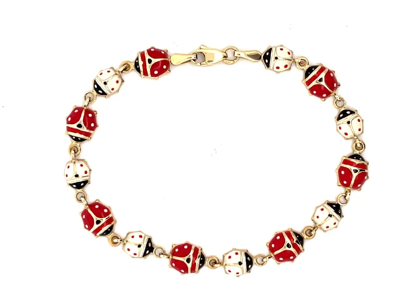 Silver Link Bracelet for Fashionable Women-Red and White Enamel Ladybug Bracelet in 14k Yellow Gold