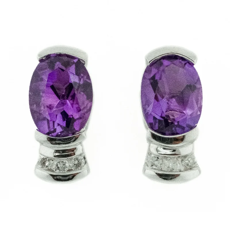 Large Gemstone Earrings for Special Events-0.82ctw Amethyst and Diamond Accented Earrings in 14K White Gold