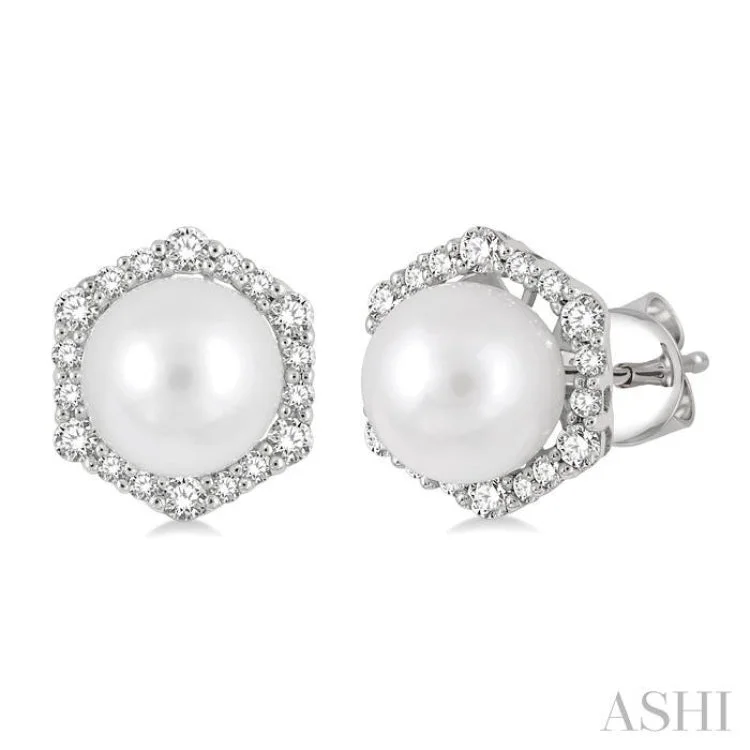 Chic Earrings for Stylish Women-7X7MM Cultured Pearls and 1/3 Ctw Hexagon Shape Round Cut Diamond Earrings in 14K White Gold