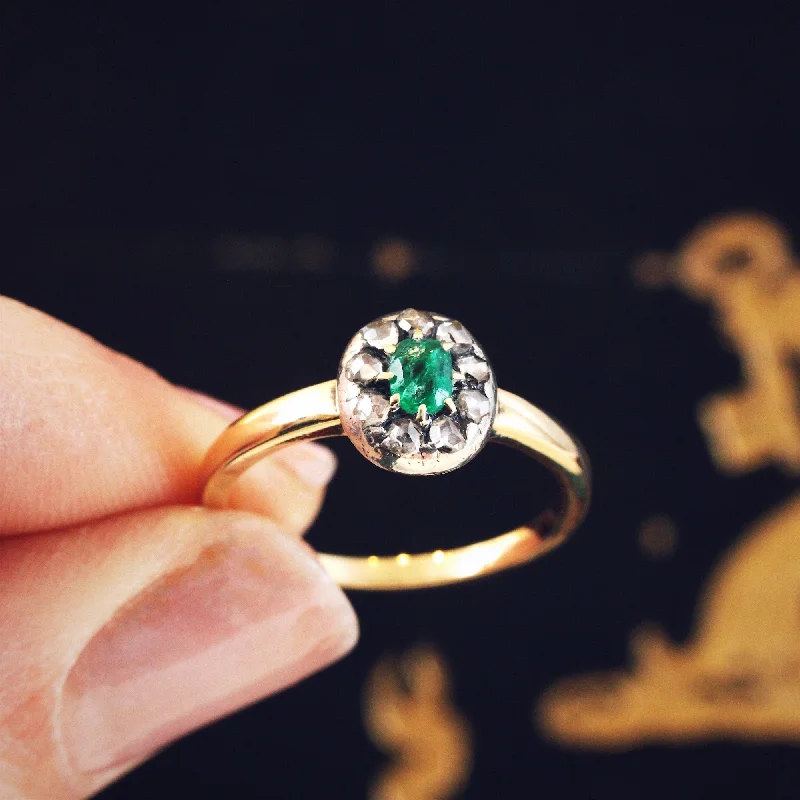 Solitaire Engagement Ring for Women-Antique Emerald & Rose Cut Diamond Cluster Ring