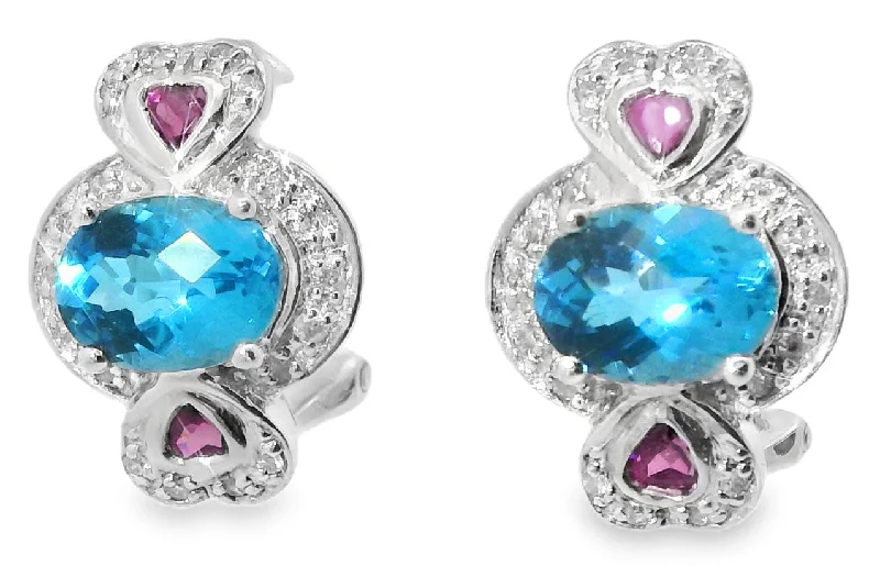 Unique Earrings for Every Day-Beautiful Estate 14K White Gold Blue Topaz Garnet Diamond Heart Earrings