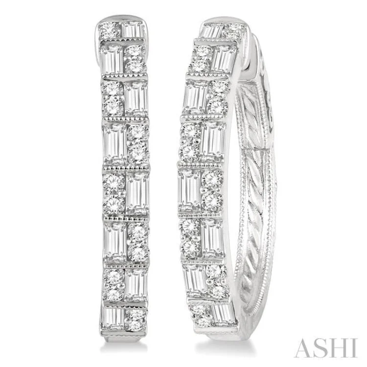 Beautiful Drop Earrings for Elegant Look-1 ctw Basket Weave Baguette and Round Cut Diamond Hoop Earrings in 14K White Gold