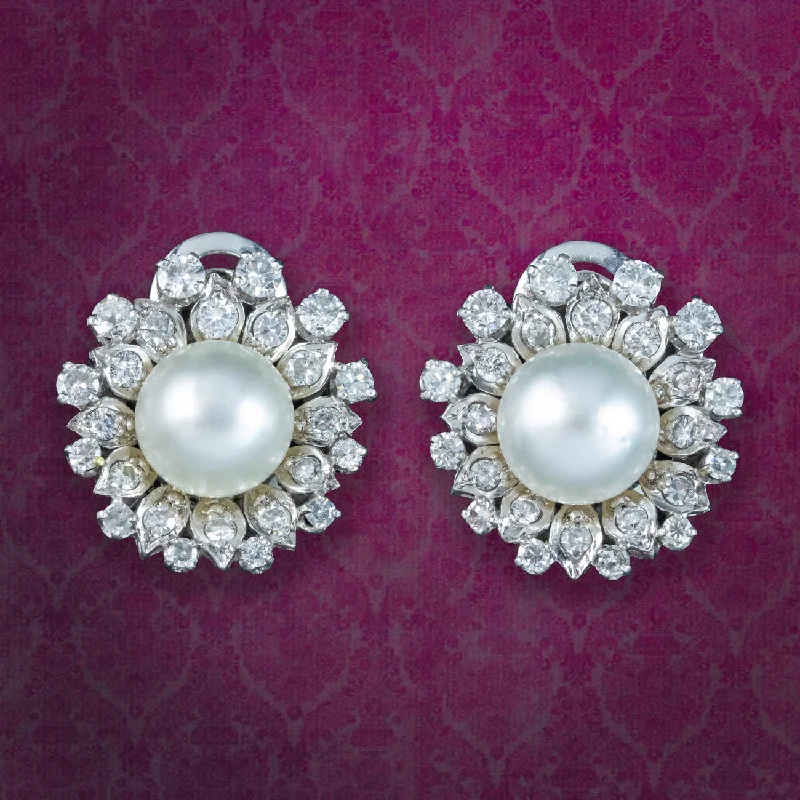 Chunky Statement Earrings for Bold Style-Vintage French Pearl Diamond Flower Clip Earrings 4ct Diamond