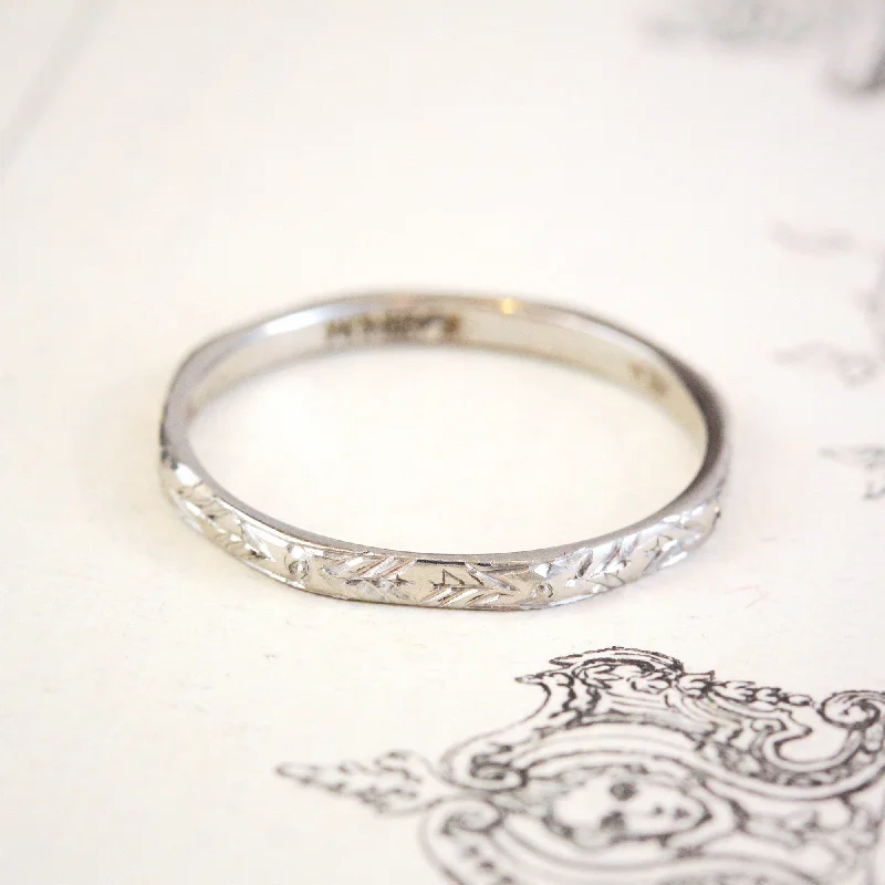 Luxury Ring for Anniversary Gifts-Hand Engraved Vintage Size O or 7 Platinum Wedding Band