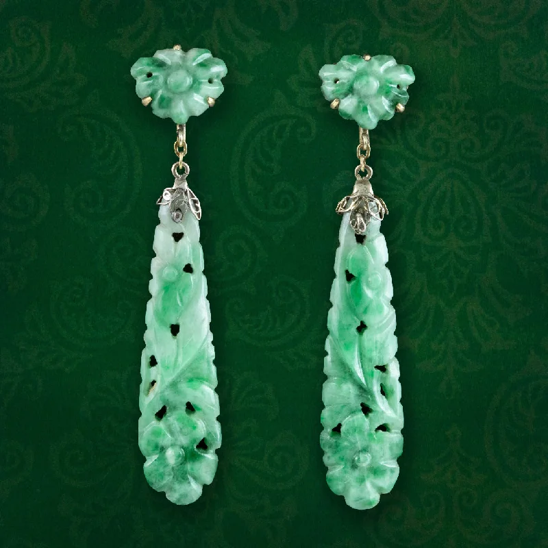 Elegant Diamond Earrings for Women-Antique Victorian Jade Drop Earrings 9ct Gold