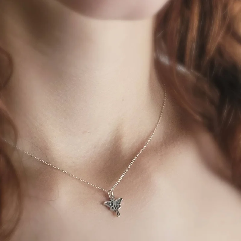 Classic Silver Necklace for Everyday Wear-Tiny Luna Moth Necklace