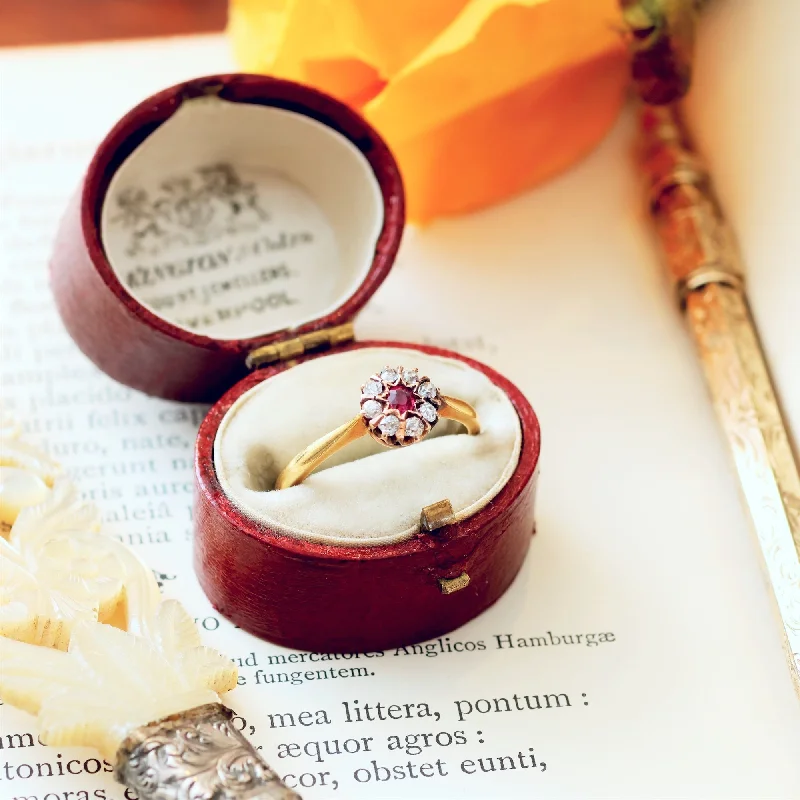 Customizable Sapphire Ring for Engagement-Dainty Little Vintage Ruby & Diamond Flowerette Ring