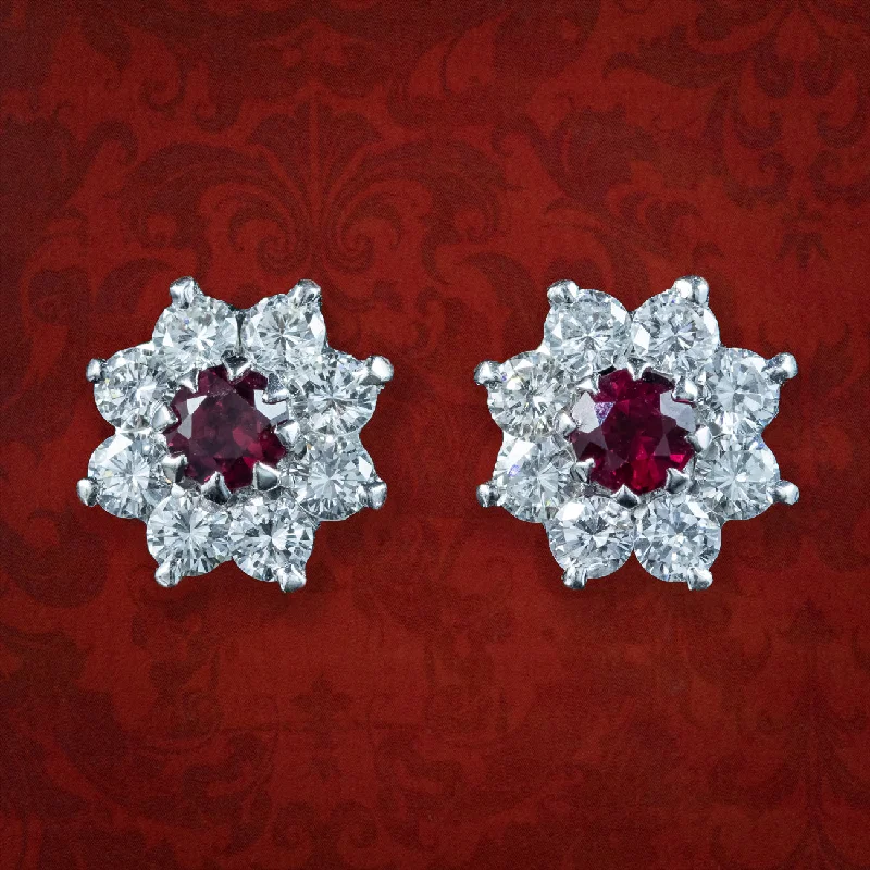 Elegant Earrings for Bridal Shower-Edwardian Style Ruby Diamond Flower Stud Earrings 18ct Gold