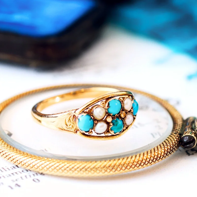 Designer Gold Ring for Engagement-Precious and Meaningful Victorian Turquoise & Pearl Ring