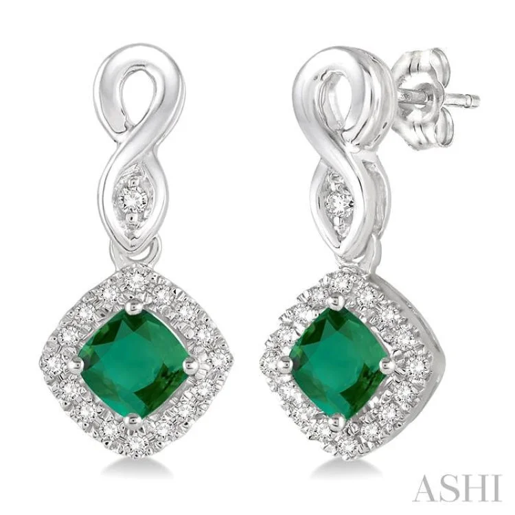 Luxury Stud Earrings for Women-4x4 MM Cushion Cut Emerald and 1/5 Ctw Round Cut Diamond Earrings in 10K White Gold