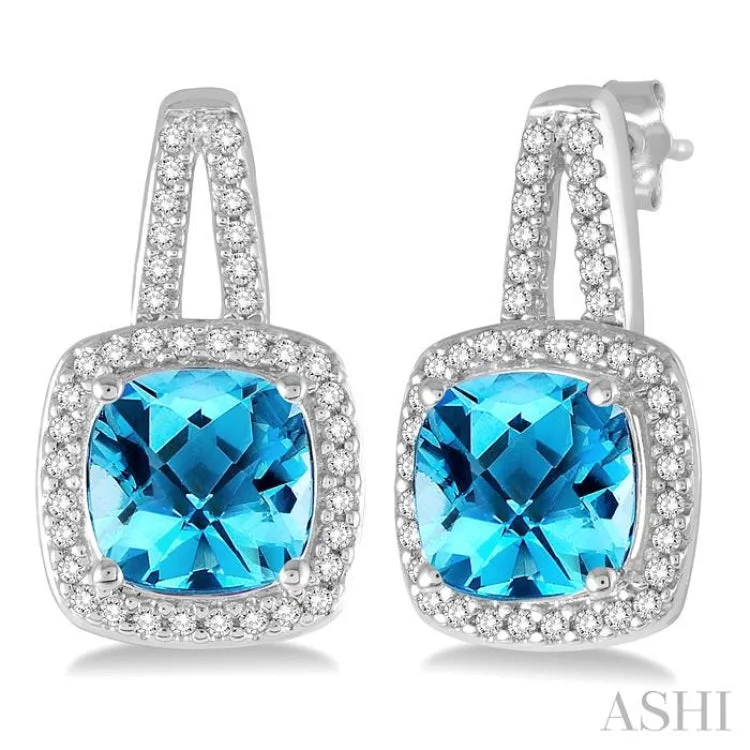 Elegant Earrings for Bridal Parties-7x7 MM Cushion Cut Blue Topaz and 1/4 Ctw Round Cut Diamond Earrings in 10K White Gold