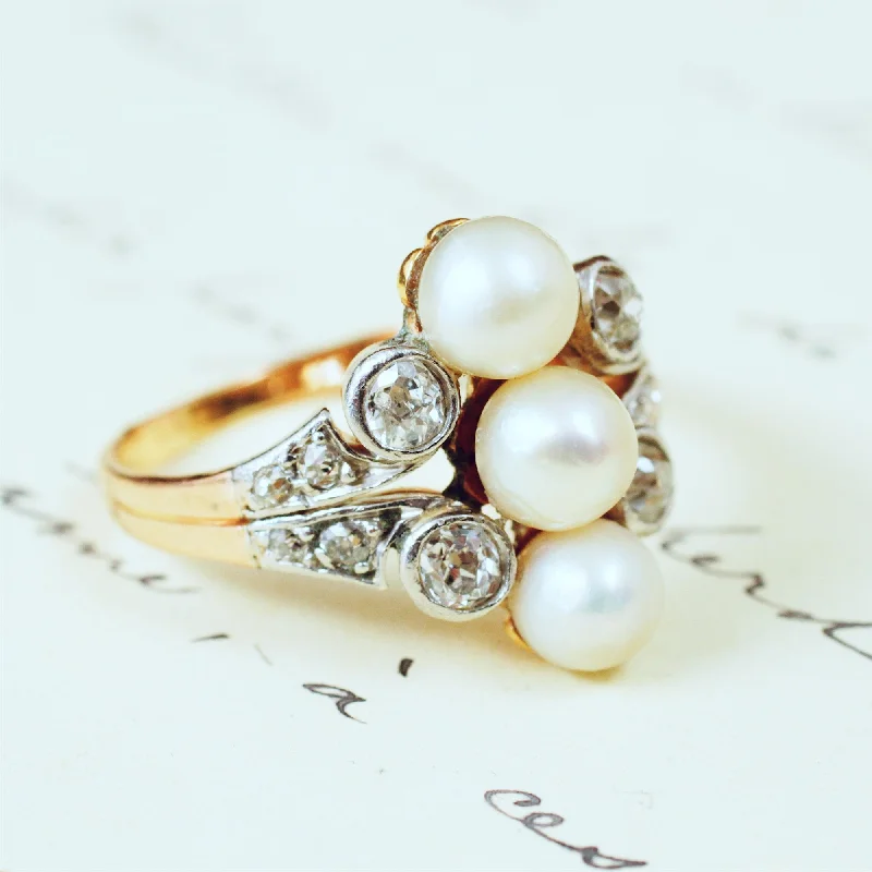 Simple Wedding Ring Set for Couples-Antique Art Nouveau Certificated Natural Pearl & Diamond Ring