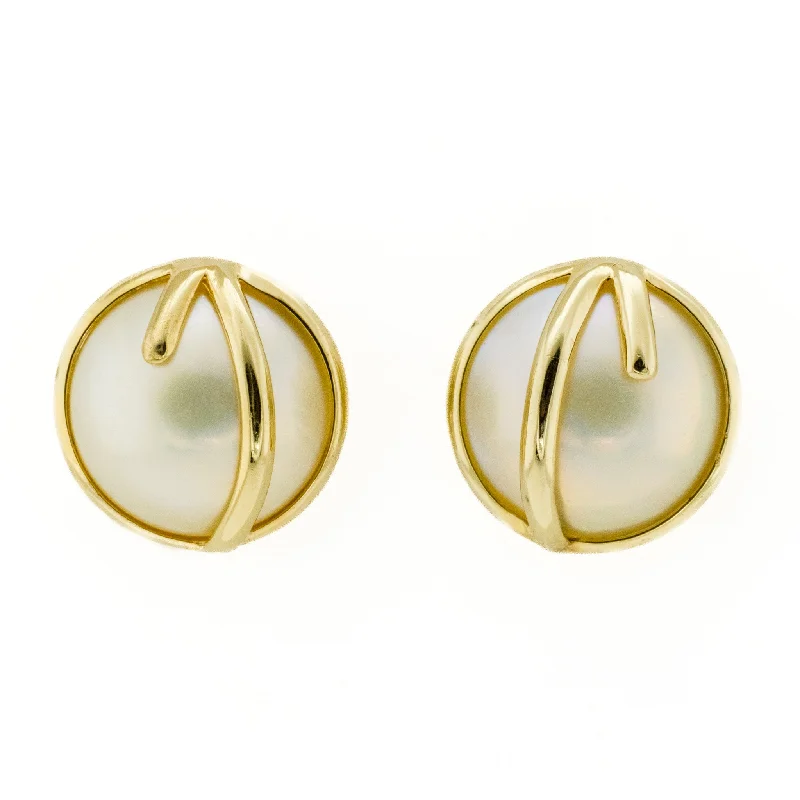 Simple Silver Drop Earrings-Mabe Pearl Solitaire Stud Earrings in 14K Yellow Gold