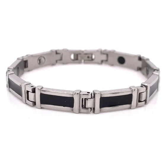 Classic Tennis Bracelet for Evening Wear-Black Enamel Stainless Steel Magnetic Bracelet / MBL0041