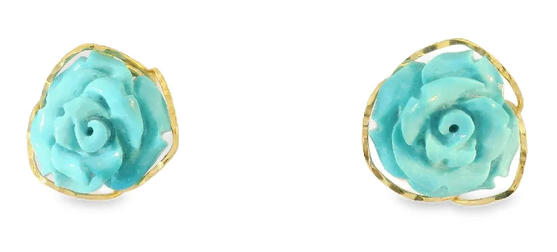 Flower Shaped Earrings-Gorgeous 18K Yellow Gold Turquoise Floral Flower Carved Earrings