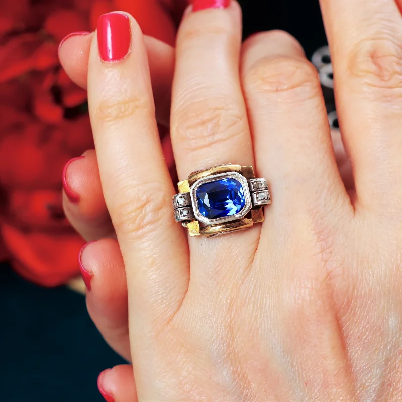 Wedding Ring Set with Diamonds-Dramatic Art Deco Sapphire & Diamond Cocktail Ring