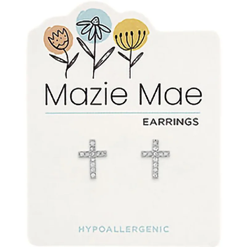 Handcrafted Silver Drop Earrings-Center Court: Silver CZ Cross Stud Mazie Mae Earring