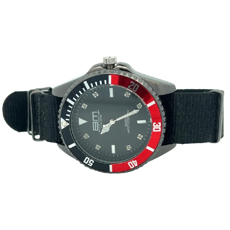 Gold-Plated Watches for Elegant Fashion-Red/Black Bezel Sports Diver Real Diamond Watch