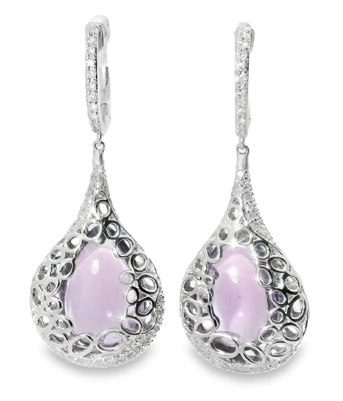 Elegant Earrings for Bridal Shower-Unique 14K White Gold Diamond Cabochon Amethyst Hanging Earrings