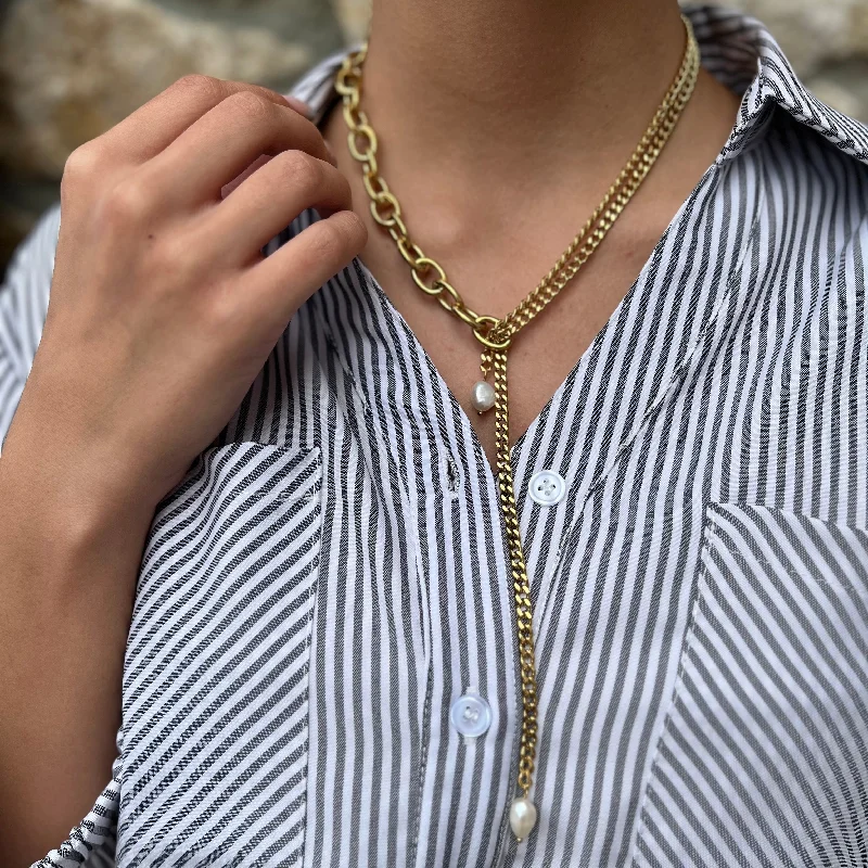 Black Necklace for Evening Events-Jolinda Thick Chain Gold & Pearl Necklace