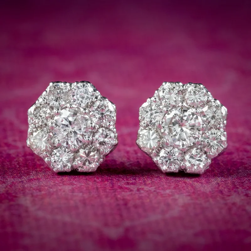 Large Drop Earrings for Fashion-Edwardian Style Diamond Daisy Cluster Stud Earrings 1.68ct Of Diamond