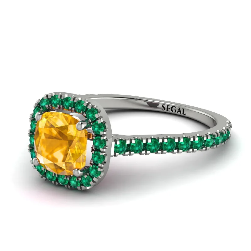 Handmade Gold Ring for Gifts-Cushion Yellow Diamond Halo Engagement Ring - Jade No. 1006