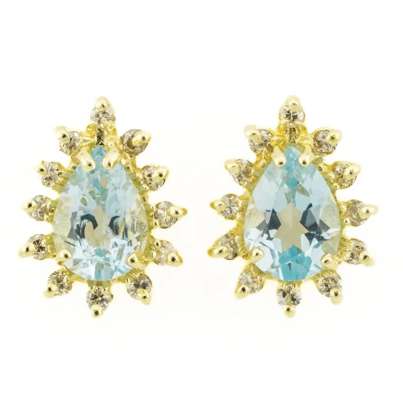 Unique Stud Earrings for Casual Outfits-Blue Topaz and Diamond Drop Stud Earrings in 14K Yellow Gold