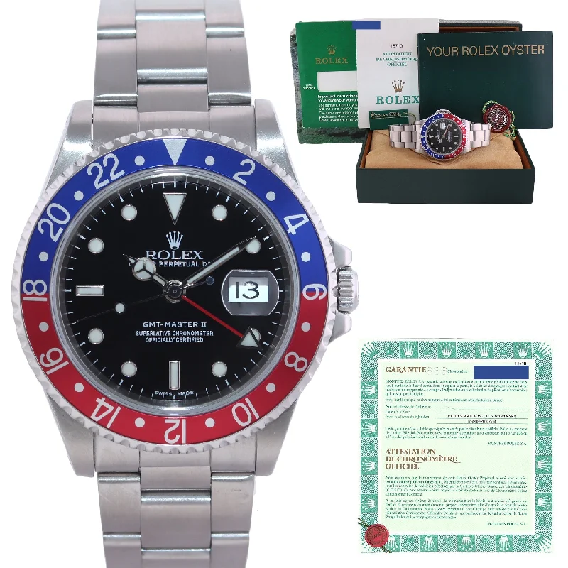 Classic Watches with Roman Numerals for Timeless Look-MINT 2001 PAPERS Rolex GMT-Master 2 Pepsi Blue Red Steel 16710 40mm Watch Box